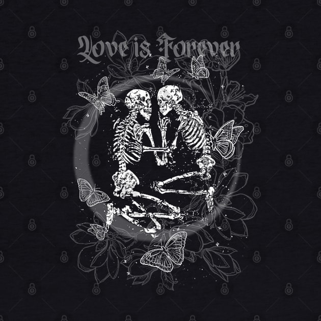 Love is Forever - Eternal Love, Dark Romance, Dark Valentine, Skeletons in Love, Tarot, Lovers, Spring, Flowers and Butterflies Sticker by SSINAMOON COVEN